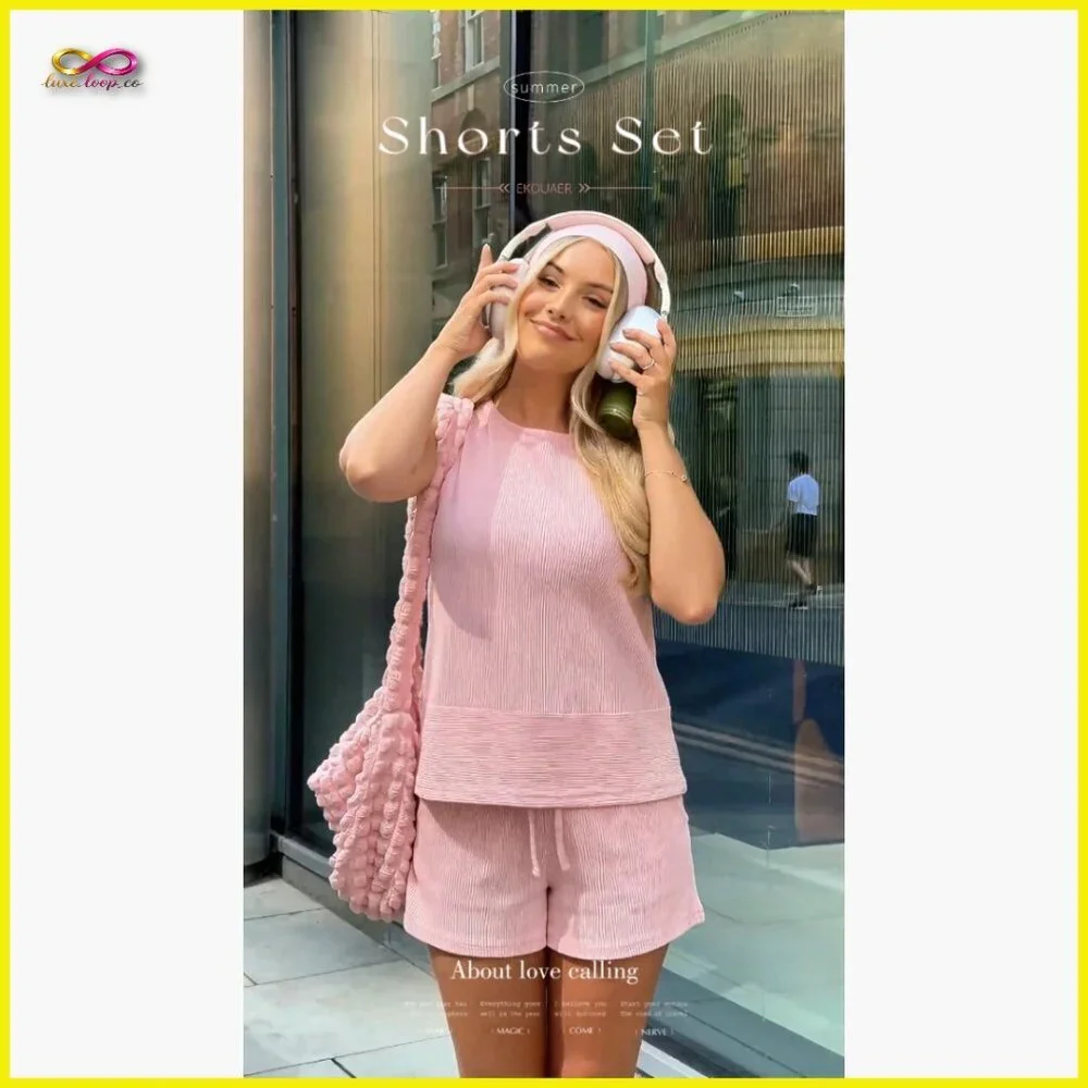 Sleeveless Ribbed Tank Top Matching Shorts Set Lounge Casual Summer Outfit